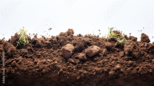 Photo of fresh brown dirt with compost isolated on white in bottom side of horizontal frame