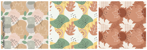 Set of Autumn Season Seamless Pattern Design with Fall Elements in Template Cartoon Flat Illustration