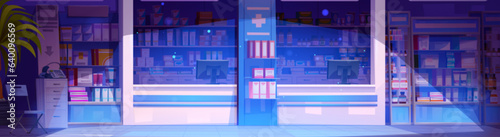 Night pharmacy store with counter and spotlight vector illustration. Medical shop interior with shelves. Chair near cardiograph in pharmaceutical office. Dark hospital drugstore with treatment drug