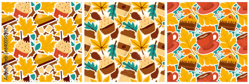 Set of Autumn Season Seamless Pattern Design with Fall Elements in Template Cartoon Flat Illustration