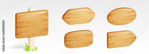3D wooden signboards set isolated on transparent background. Vector realistic illustration of square and oval nameplates, direction indicators, arrow signs, green grass near pole. Game design element