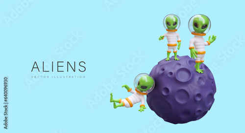 Green aliens on purple moon. Humanoids near dead planet with craters. Research of other planets. Weightlessness. Space theme. Vector concept with text
