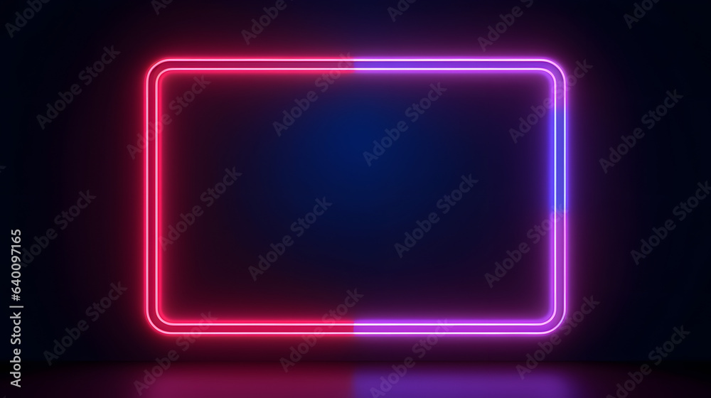 abstract neon background with red blue square frame glowing in the dark.