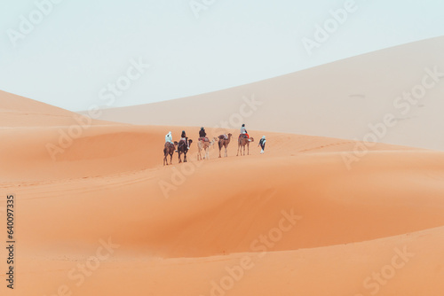 Camel trek with tourists through the sahara desert in Merzouga, Morocco © Peter