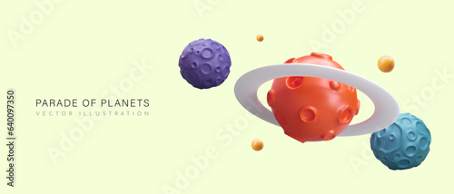 Parade of planets. Rare natural phenomenon. Celestial bodies lined up in row. Vector concept with 3D illustration. Reminder of unusual sight. Seasonal poster