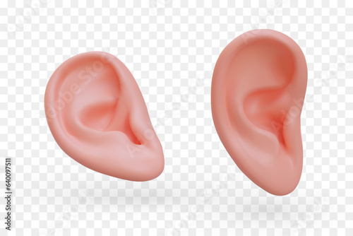 Realistic ear in different positions. Human hearing organ. Listening. Set of isolated vector images. Hearing testing. Services of otolaryngologist. Medical icons