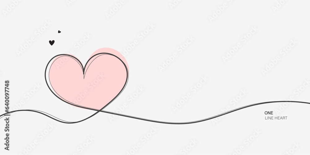 Continuous line with heart.Hand drawn vector illustration.Fine swirls and romantic symbols.Vector