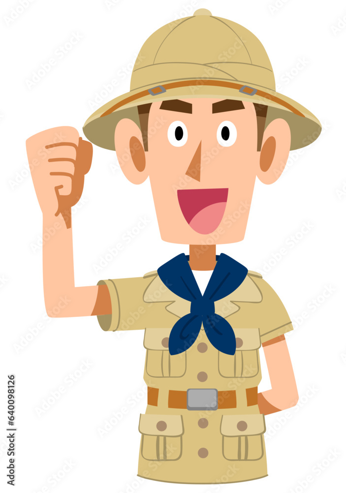 モチベーションが高い探検家の服を着た男性　上半身
