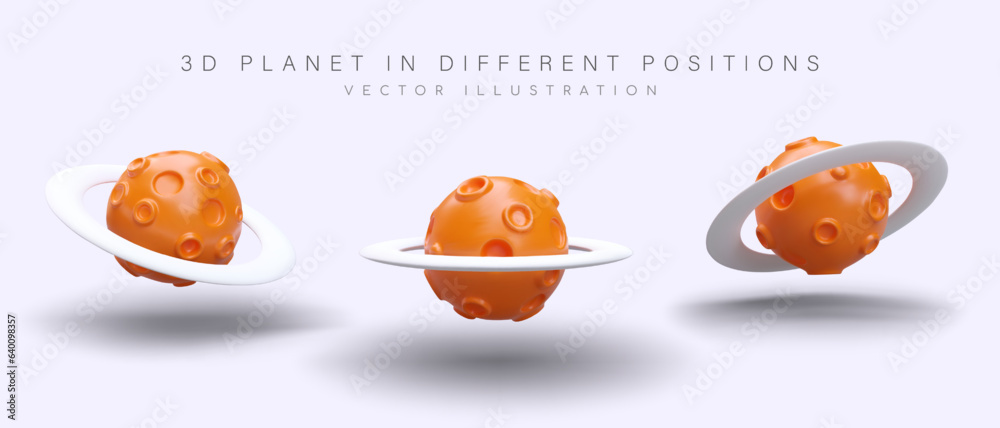 3D orange planet with craters. Vector object in different positions. Unknown planet with belt of satellites. Set of isolated images for web design. Cute illustrations on space theme