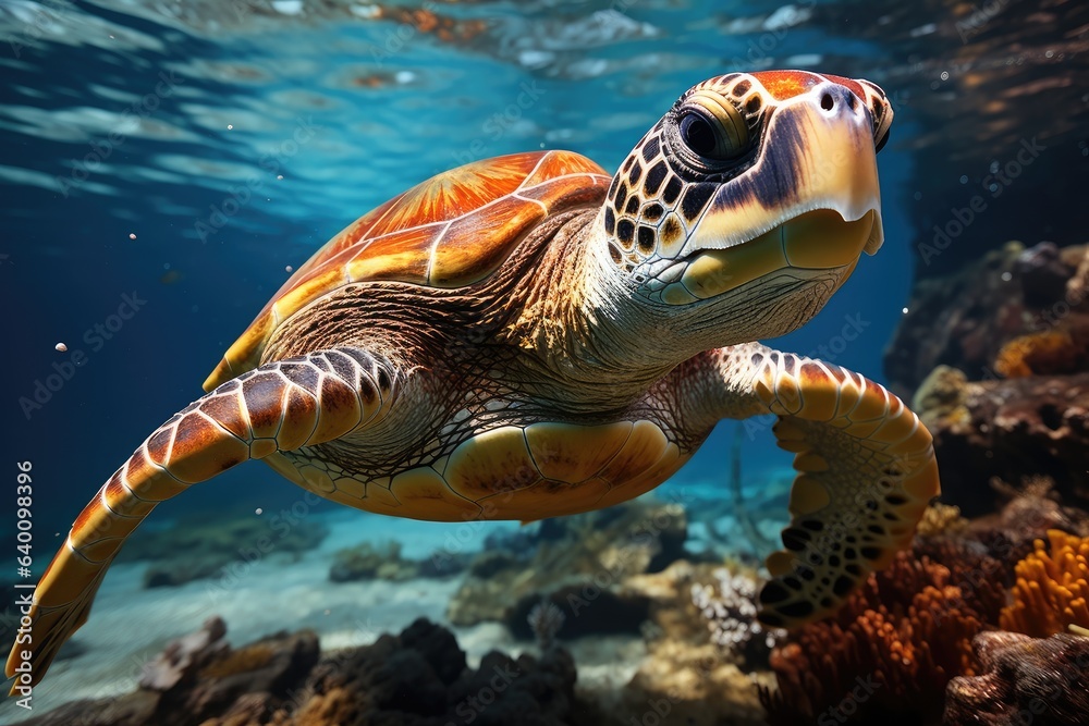 Fototapeta premium Large green sea turtle swimming over bottom in clean blue water of ocean