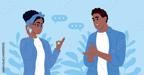 International day of sign languages. A pair of elderly deaf and mute people using sign language to communicate. A man and a woman with hearing impairment.