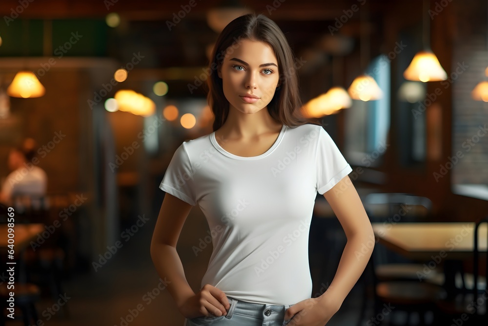 Confident young woman in white t-shirt. Design woman t-shirt template and mock-up for branding or print.