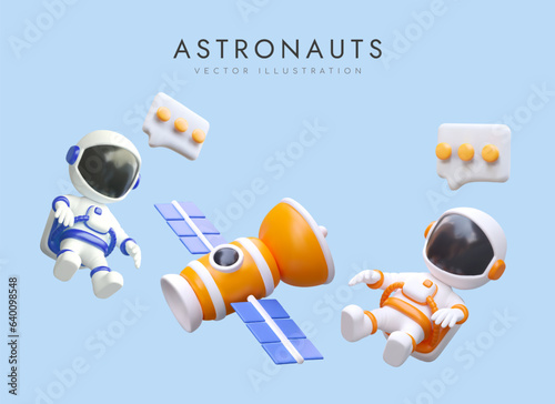 Astronauts communicate in space. Radio communication via satellite. Color composition of 3D vector elements. Transmission of information over long distance