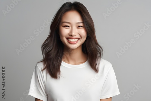 Cheerful young asian woman in white t-shirt