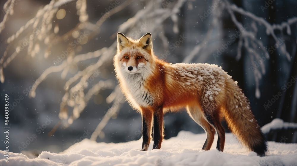 Close-up of fox in the winter forest.