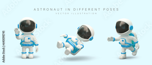 Realistic astronaut in space suit. Character in different poses. Cosmonaut stands, falls, flies, walks. Isolated vector illustration in cartoon style. Sign language