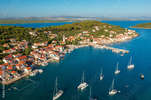Aerial view of Prvic Luka town on Prvic Island, the Adriatic Sea in Croatia