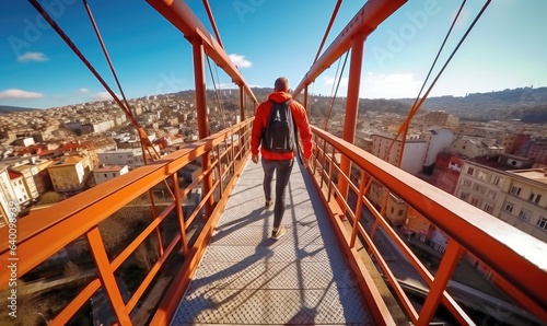 Fotografia With each step, they bravely walked across the narrow and treacherous footbridge suspended high above the bustling city below