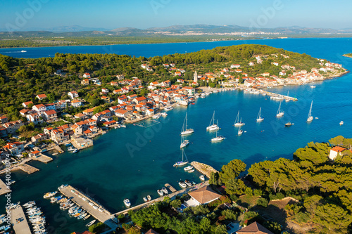 Fototapeta Naklejka Na Ścianę i Meble -  Aerial view of Prvic Luka town on Prvic Island, the Adriatic Sea in Croatia