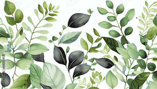 Pattern with green leaves, Hand painted foliage pattern, seamless floral print with green leaves, watercolor illustration isolated on white background for your wallpapers, Ai generated image
