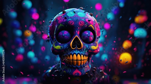 Vibrant neon polka dots pops Halloween painted skull party mask, great isolated avatar profile image, spooky cool, horrifically arty, night of the dead - generative AI © SoulMyst