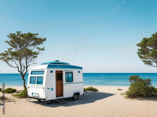 a RV parked on a sandy beach next to the ocean, vacation, relaxation, coastal scenery concept design for banners