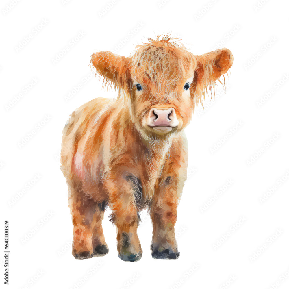 Baby highland cow watercolor clipart on transparent background. Generative AI illustration Baby highland cow watercolor clipart on transparent background. Generative AI illustration