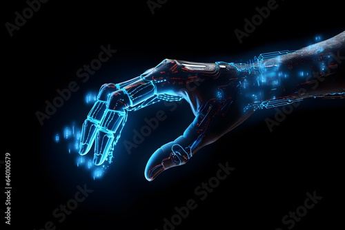 Robot cyborg hand on dark background. AI futuristic technology concept.
