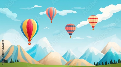 Colorful hot air balloons floating over mountains
