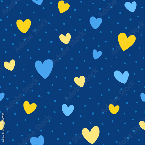 Seamless pattern with hearts in Ukrainian colors. Ukrainian Flag. Vector background. Texture for print, textile, fabric.