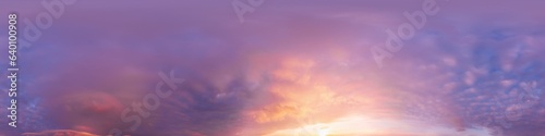 Sunset sky panorama with bright glowing pink Cumulus clouds. HDR 360 seamless spherical panorama. Full zenith or sky dome for 3D visualization, sky replacement for aerial drone panoramas.