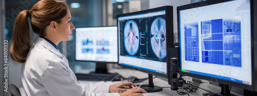 Fotografia a doctor in a white lab coat looking at a computer screen displaying a high-resolution MRI scan of a prostate gland, providing a detailed view of the organ