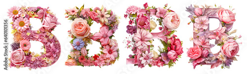 Set oF pink and floral letter B, 3D illustration , pink and floral letter B isolated white transparent background, PNG.