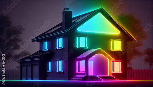 House in the night, Isolated house with energy certification color scale illuminated with neon light. Energy efficiency, ecology, sustainability, Ai generated image © FH Multimedia
