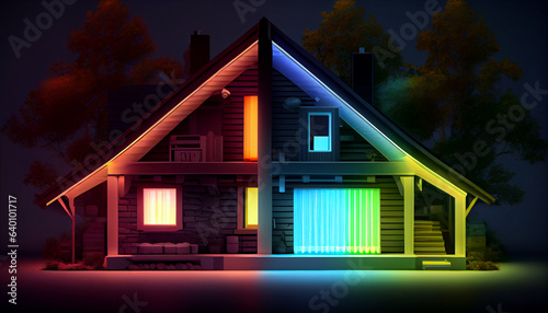 House in the night, Isolated house with energy certification color scale illuminated with neon light. Energy efficiency, ecology, sustainability, Ai generated image