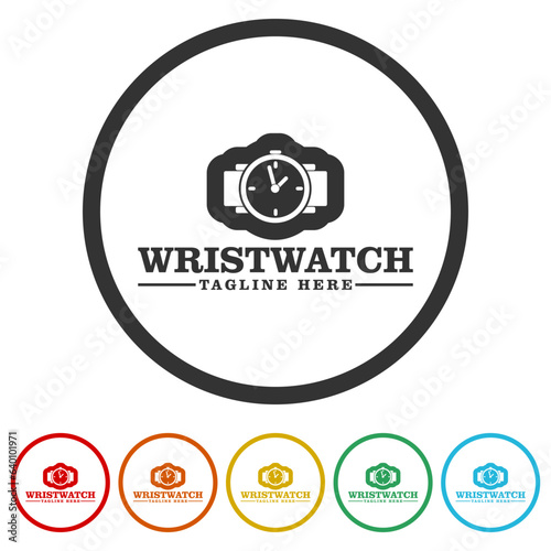 Watches frame logo design template. Set icons in color circle buttons
