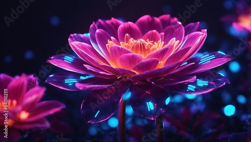 Digital futuristic flower wallpaper  neon light glow blossom wireframe  background with flower cyber hologram in