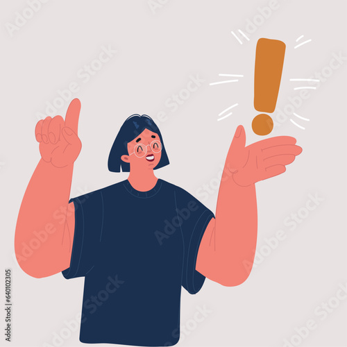 Vector illustration of Red exclamation mark on a woman's hand.