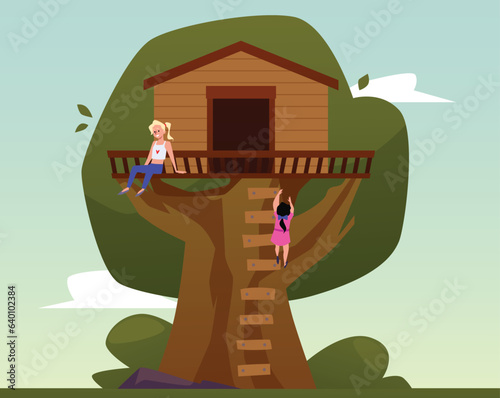 Girls have fun, climb on tree house with ladder, vector isolated children game treeshed summer camp, sky landscape