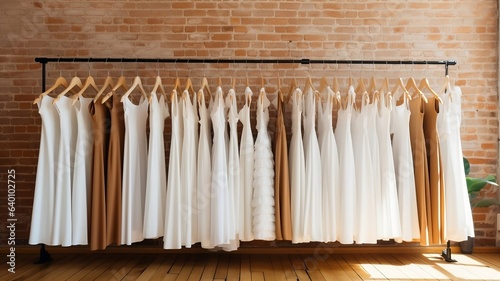 Wedding dress hanging on rack against brick wall