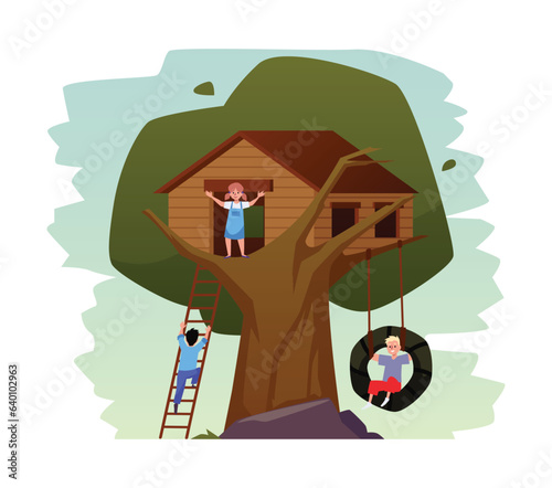 Children have fun on tree house, wooden lodg with swing and ladder, vector isolated cartoon game treeshed summer camp