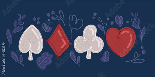 Cartoon vector illustration of Suit of playing cards. Set of playing card suits Cart suit set. Clubs, hearts, diamonds, spades