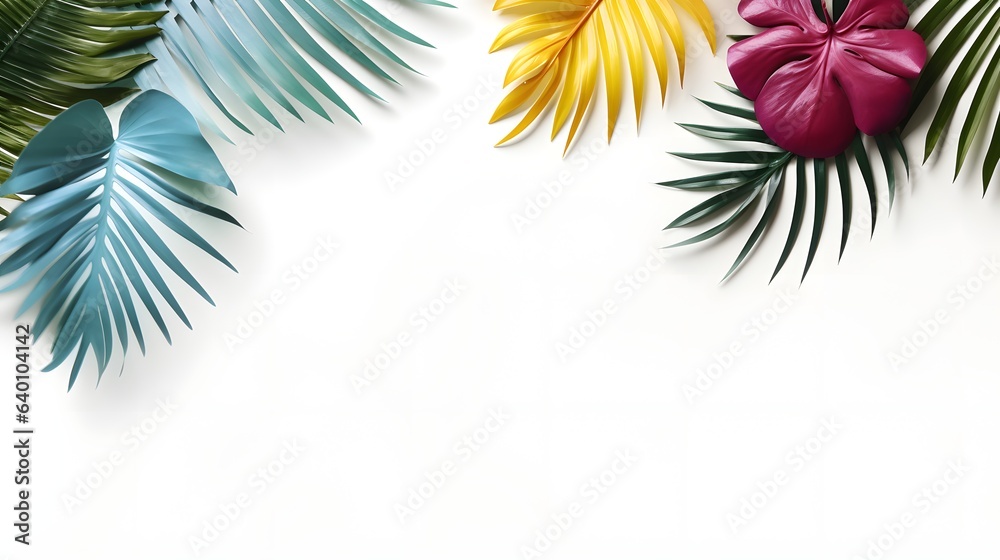 Creative layout made of colorful tropical leaves on white background. Minimal summer exotic concept with copy space. Border arrangement. AI generative - obrazy, fototapety, plakaty 