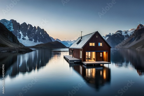house in the lake and mountains in background at green land  © Urban