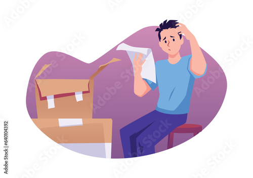 Man sitting on chair and confused by furniture assembly manual, large boxes vector cartoon isolated illustration