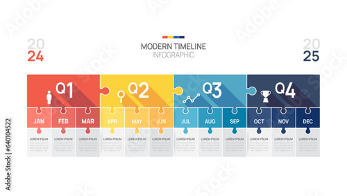 Business road map timeline infographic jigsaw template. Modern milestone element timeline diagram calendar and 4 quarter topics, Can be used for vector infographic