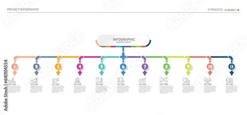 Infographic process design with icons and 11 options or steps.
