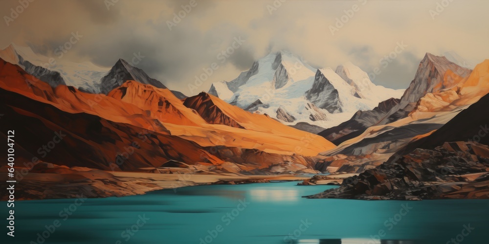 Mountain landscape with snow-capped peaks at sunset. 3d render