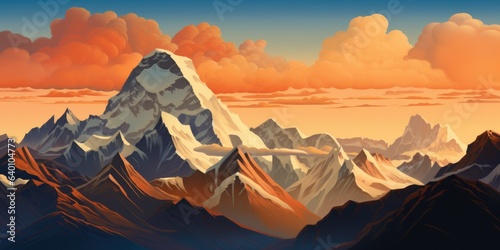 Mountain landscape with snow-capped peaks at sunset. 3d render