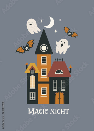 Halloween greeting card. Happy Halloween party vector illustration. Cute ghost, bats and gloomy castle on a gray background. Design for flyer, banner, poster templates.